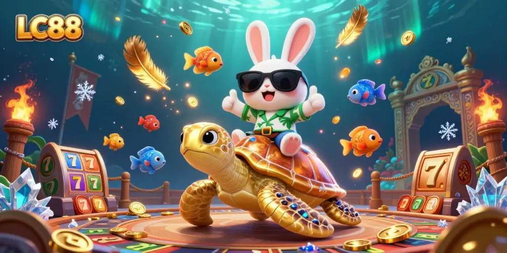 Join the excitement at LC88 with a fun illustration of a lucky rabbit and golden turtle amidst vibrant gambling elements.