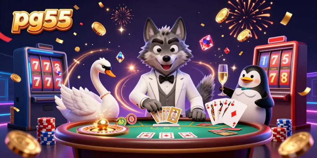 Experience the thrill at pg55 with a lively casino scene featuring a debonair wolf and elegant characters.