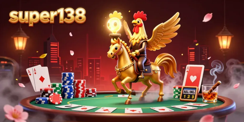 Experience thrilling gaming energy with super138’s vibrant casino scene featuring a golden rooster and poker elements.