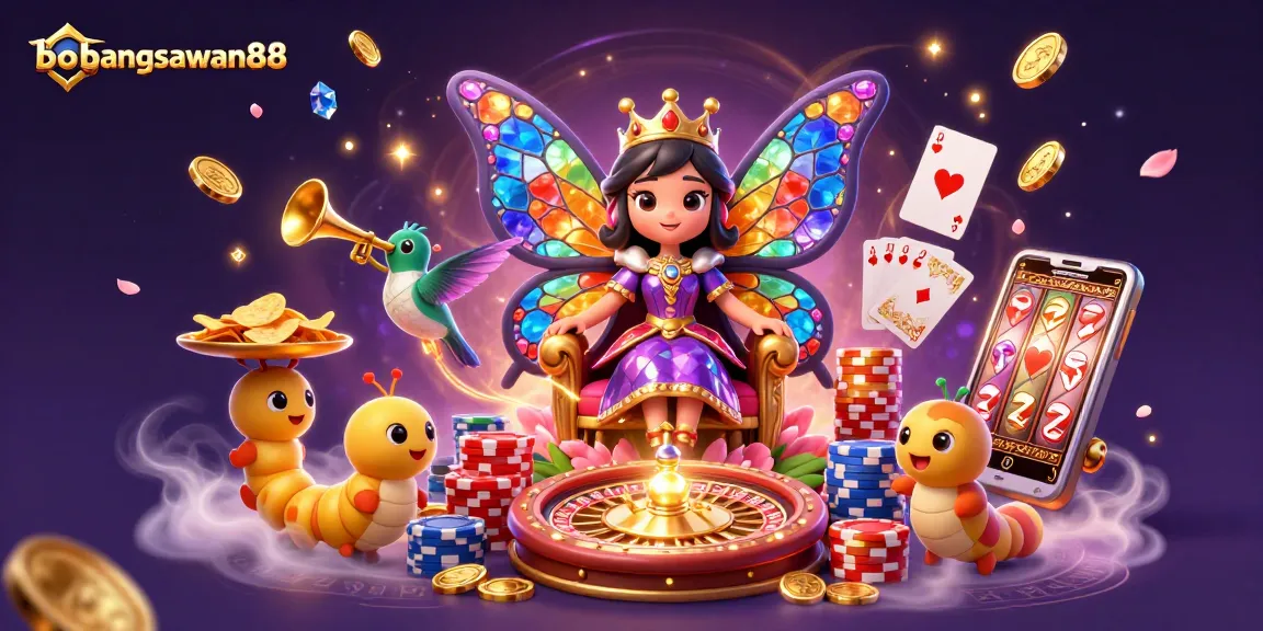 Engage with bangsawan88’s vibrant casino experience featuring a butterfly queen amidst coins and cards.