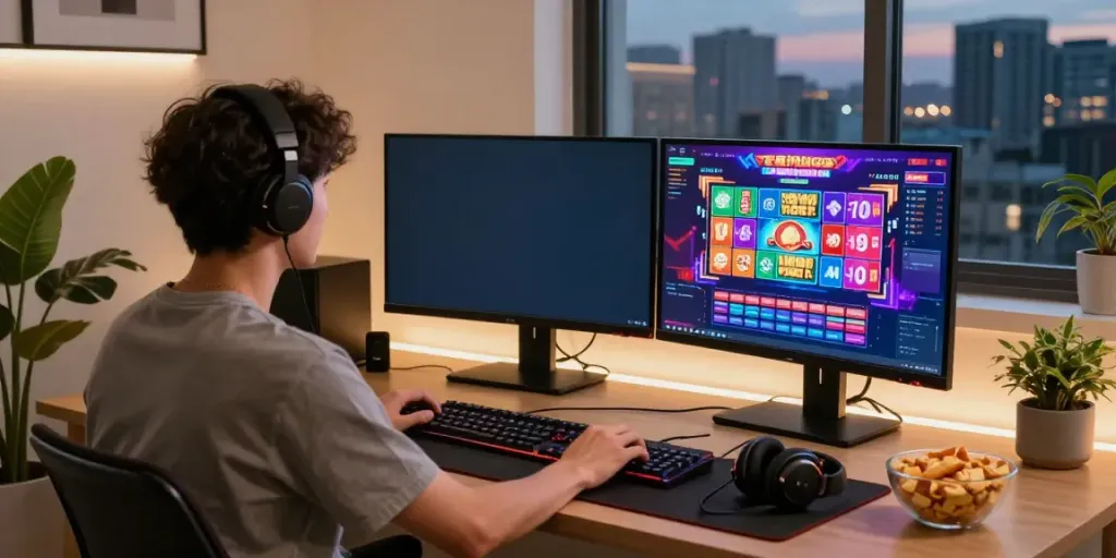 Engaging gamer exploring toto slot online games at stylish home setup.