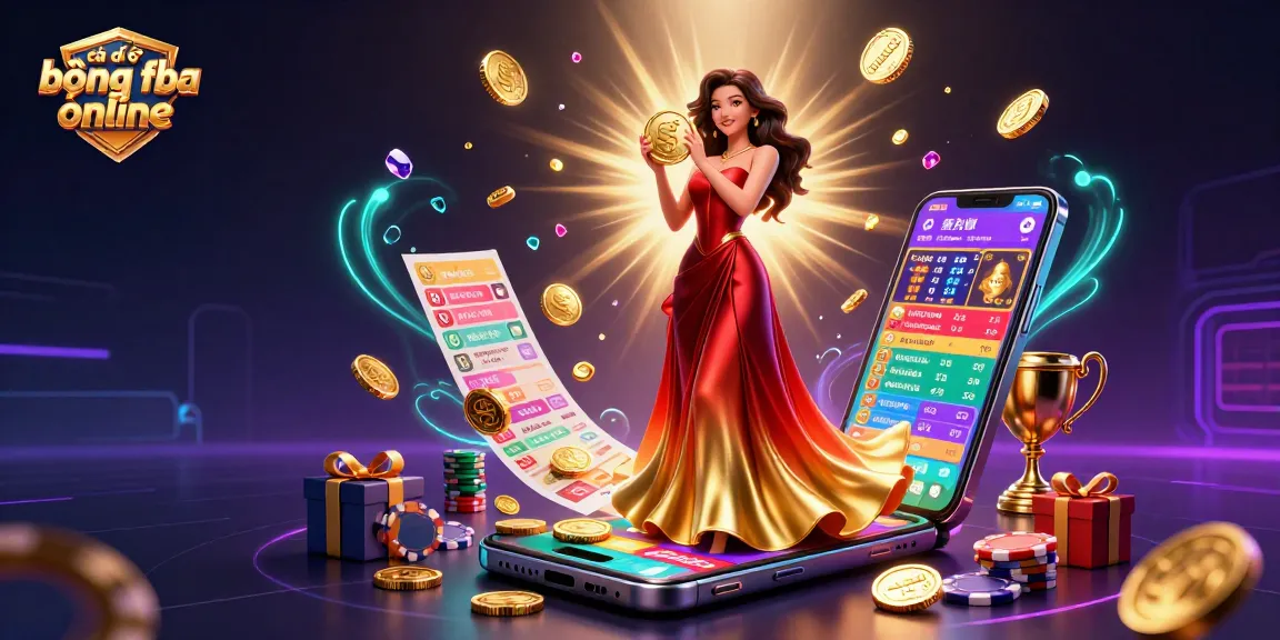 Cá độ bóng đá online showcases vibrant sports betting elements with a stunning Asian woman holding a golden coin amidst dynamic action.