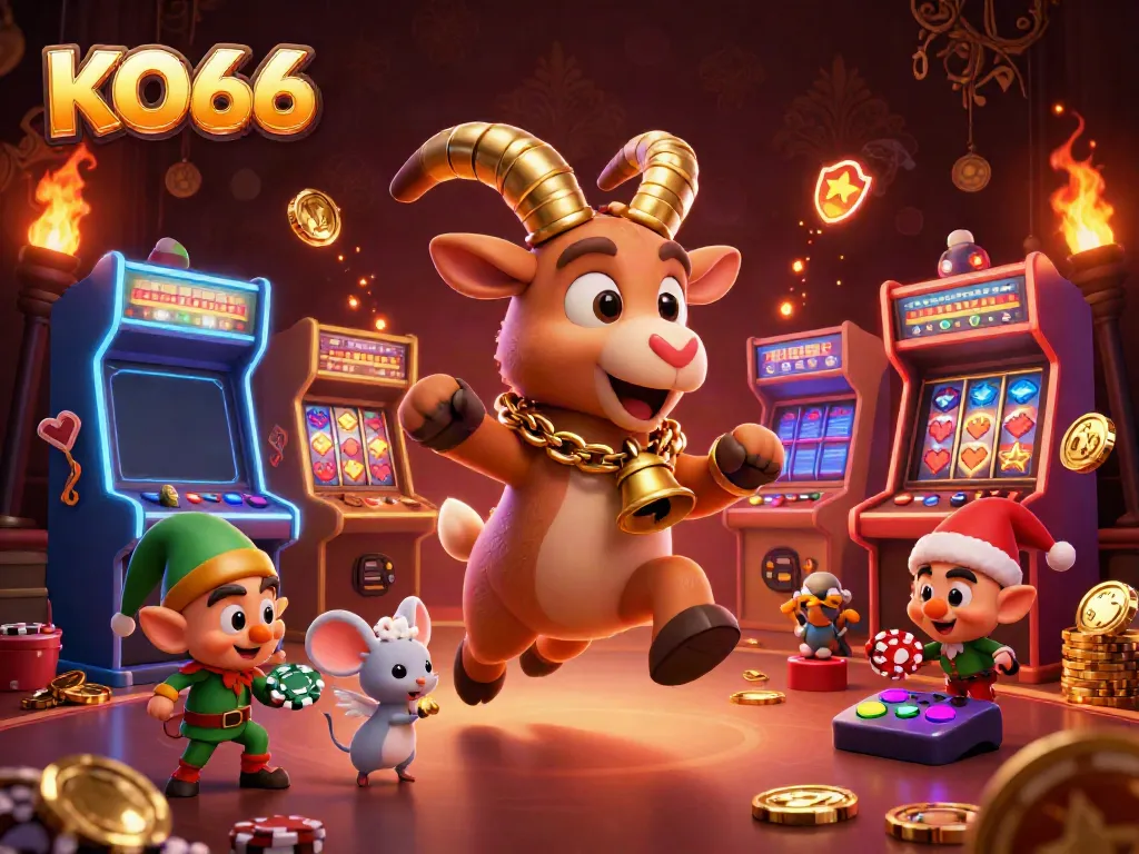 KO66 engages players in a festive 3D casino scene filled with excitement, showcasing vibrant game elements.