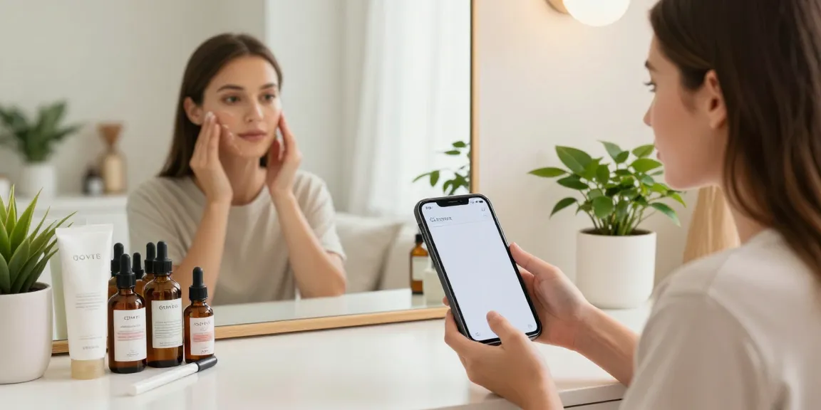 Self-care routine featuring a woman exploring alternatives to QOVES on her smartphone with beauty products nearby.