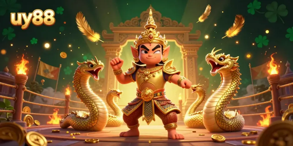 Experience the thrill of uy88 with a vibrant, detailed portrayal of an online casino scene featuring a Thai temple guardian, Naga serpents, and gold tokens.