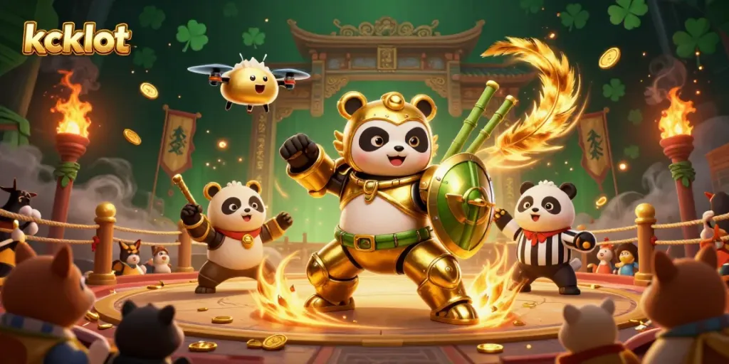 Pergranakan kckslot untuk menang di arena pertarungan slot yang dipimpin panda emas dan robot bambu dengan suasana meriah.