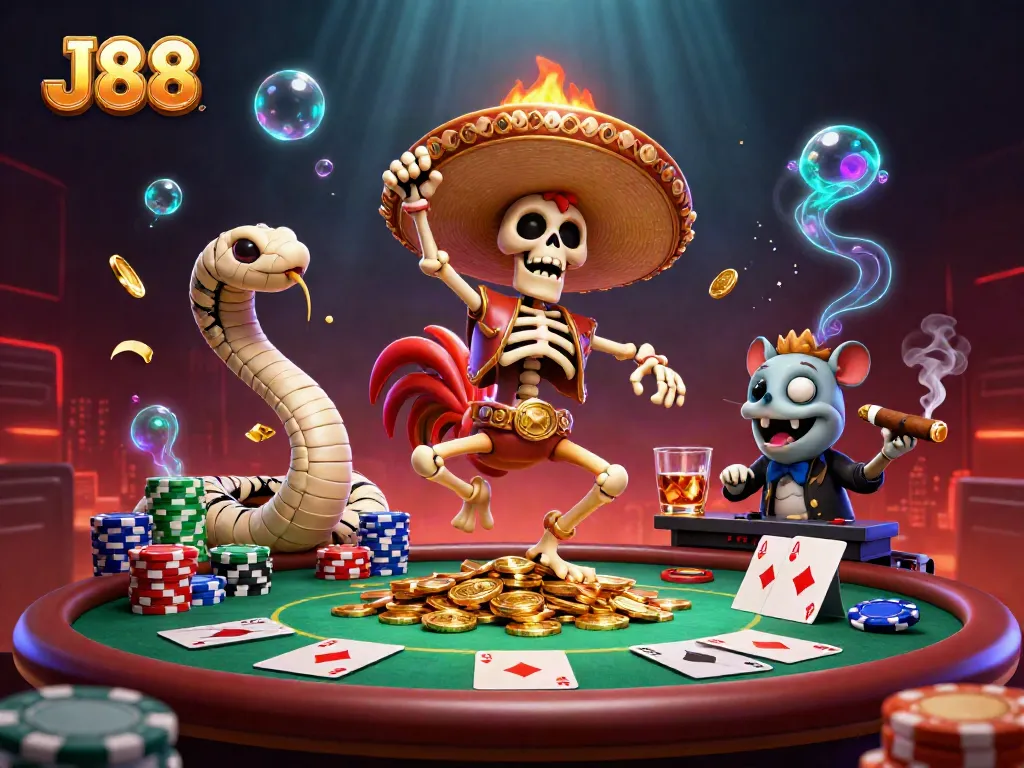 Win big with J88 in a vibrant casino scene featuring playful characters and dynamic poker elements.