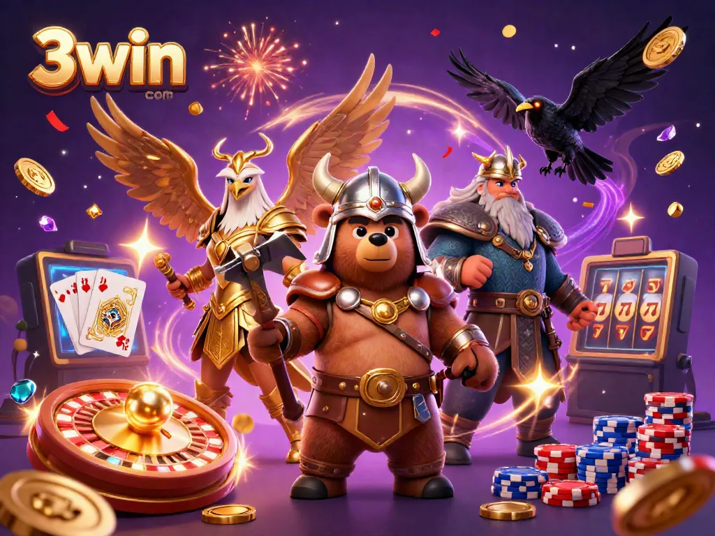 Spin the reels at 3win com with a vibrant 3D casino scene featuring exciting characters and rich gameplay elements.
