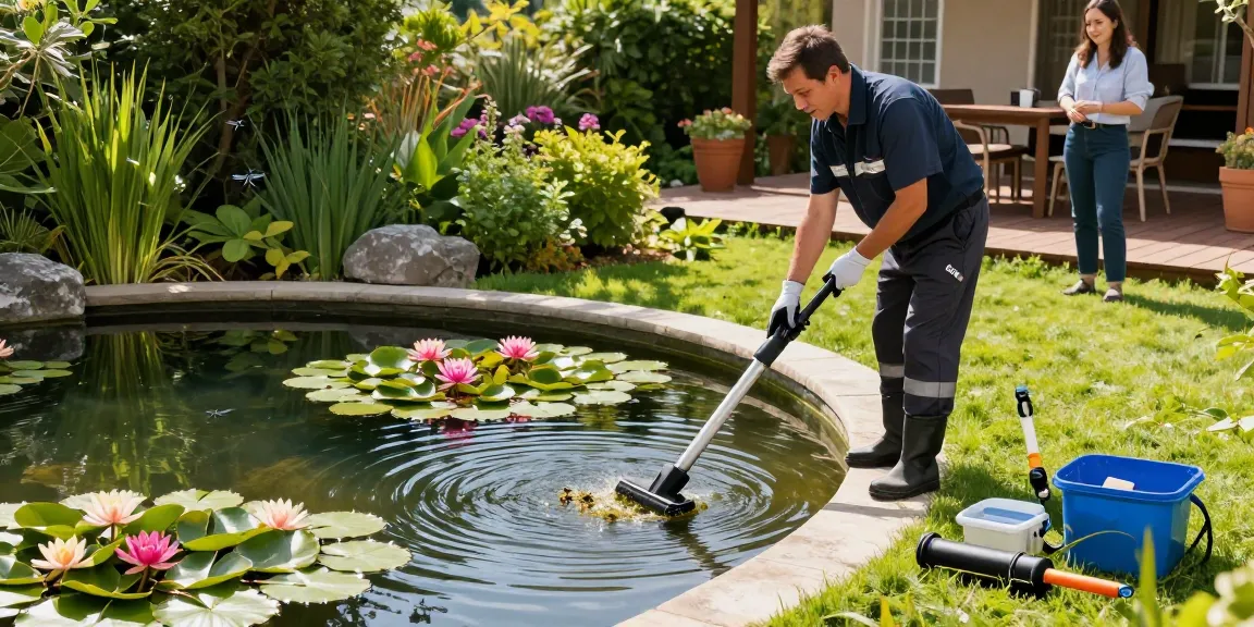 Pond Cleaning Essex service technician cleaning a vibrant garden pond with professional tools.