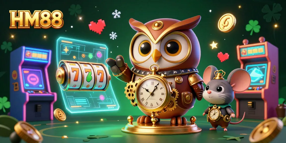Play slots and win with HM88 in a vibrant, steampunk-inspired casino scene.