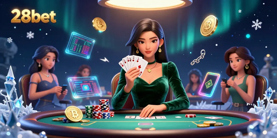 Experience thrilling poker action with 28bet, featuring a stunning Asian dealer and vibrant crypto elements.
