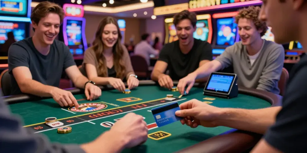 Players at credit card casinos enjoying games in a lively online casino atmosphere.