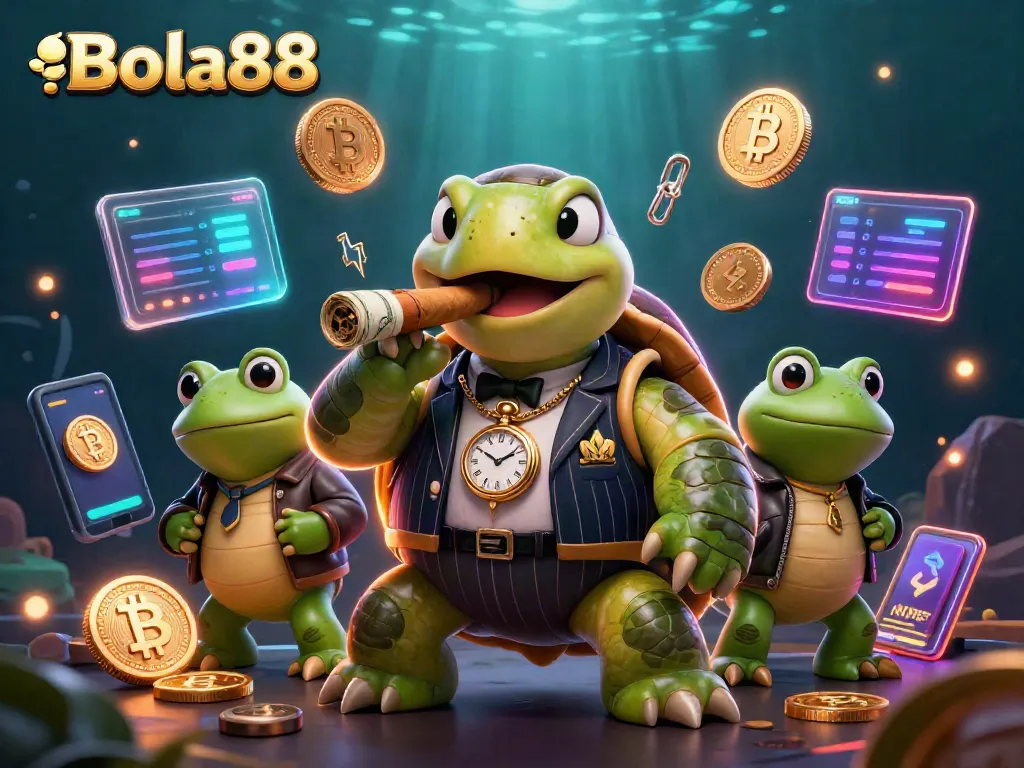 Bola88 features a cartoon turtle in a mobster suit with glowing crypto elements surrounding it.