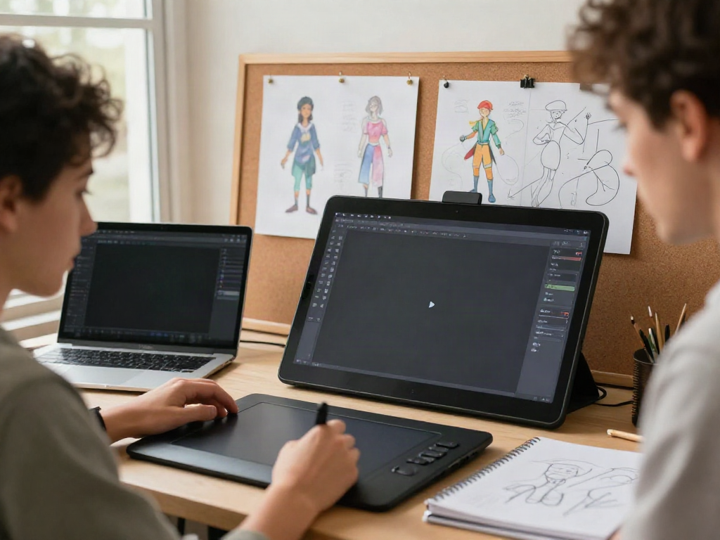 Artist utilizing an AI character sheet generator at a creative workspace.