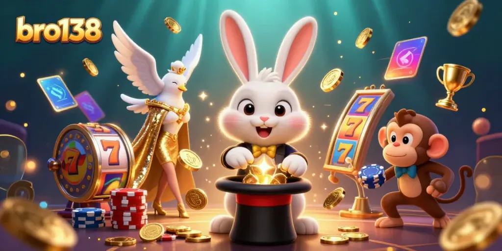 Experience the magic of bro138 with a cartoon rabbit pulling coins, surrounded by casino elements and vibrant visuals.