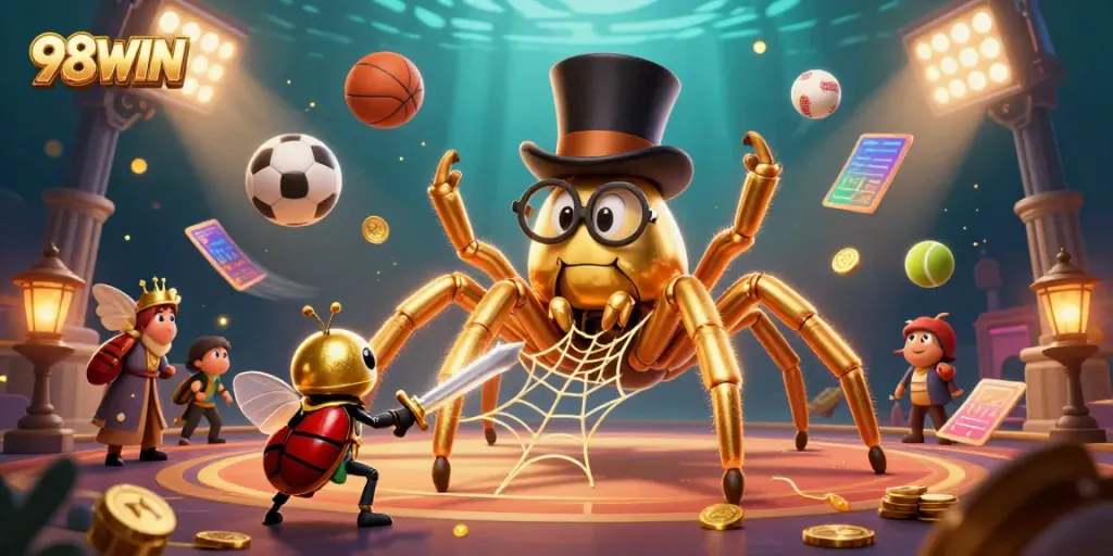 98WIN's golden tarantula weaves a web of excitement amidst casino elements and dynamic sports action.