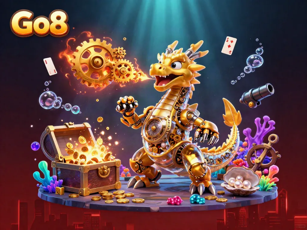 Engage in thrilling action at Go8 with a golden dragon and underwater treasures, showcasing exciting game elements.