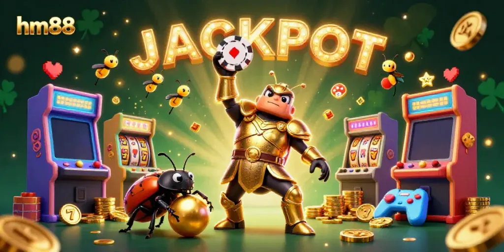 Experience thrilling wins with hm88 in this vibrant 3D casino scene showcasing festive gaming elements.