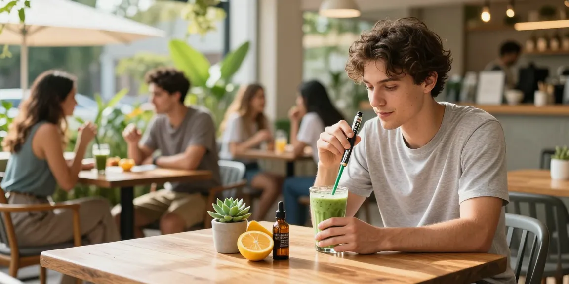 sg vape delivery supporting a refreshing CBD-infused smoothie and vape pen at an outdoor café, depicted in a natural wellness environment.
