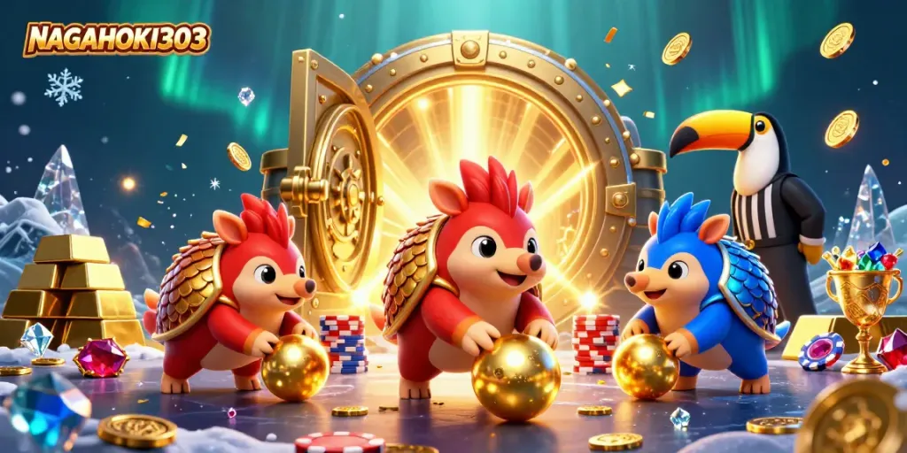NAGAHOKI303, pertarungan antara dua pangolin berwarna merah dan biru dengan chip poker, dan harta berkilauan di sekelilingnya.