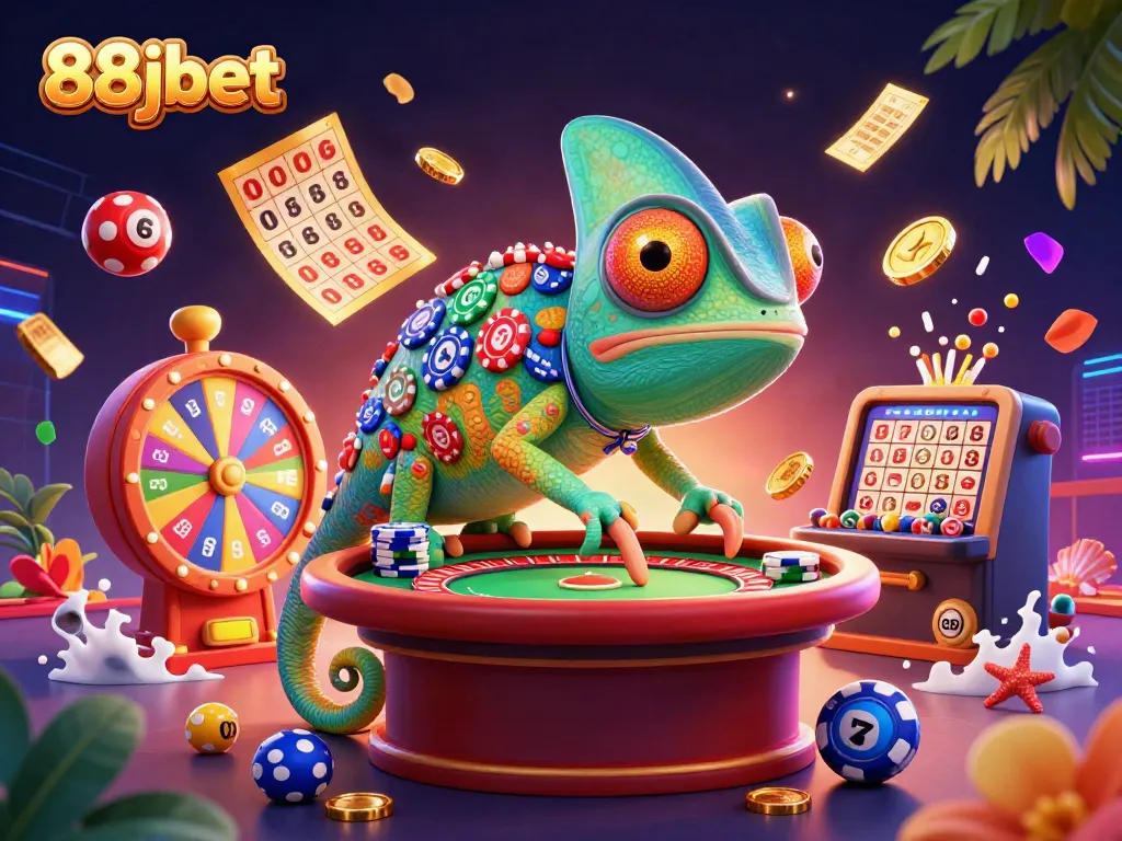 Experience thrilling gaming at 88jbet with a dynamic 3D chameleon casino illustration.