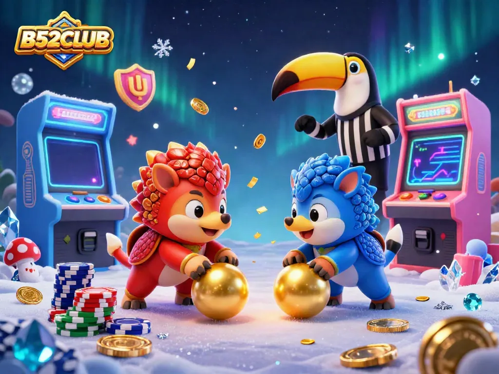 B52CLUB pangolin characters engage in a vibrant casino bowling game with poker chips and confetti.