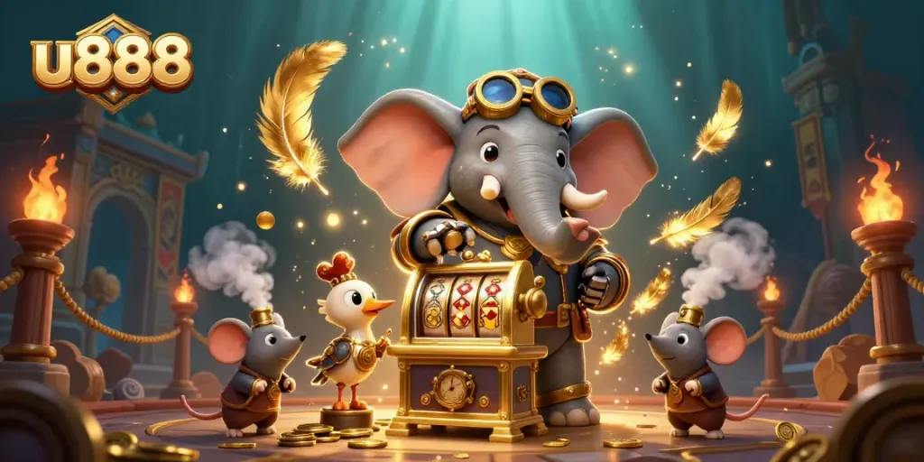 Spin the golden slots at u888 with a steampunk elephant in a vibrant casino environment.