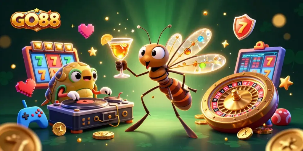 Engage in thrilling GO88 casino action with vibrant characters and slot game elements.