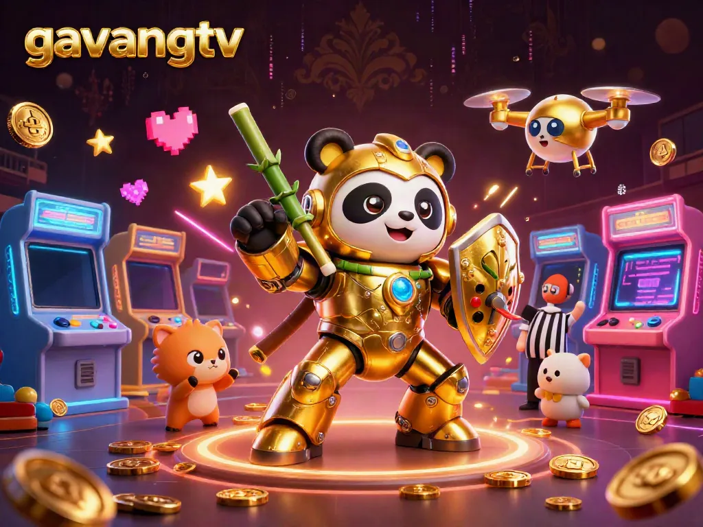 Experience interactive gameplay with gavangtv featuring a mech-suit panda and colorful casino elements.