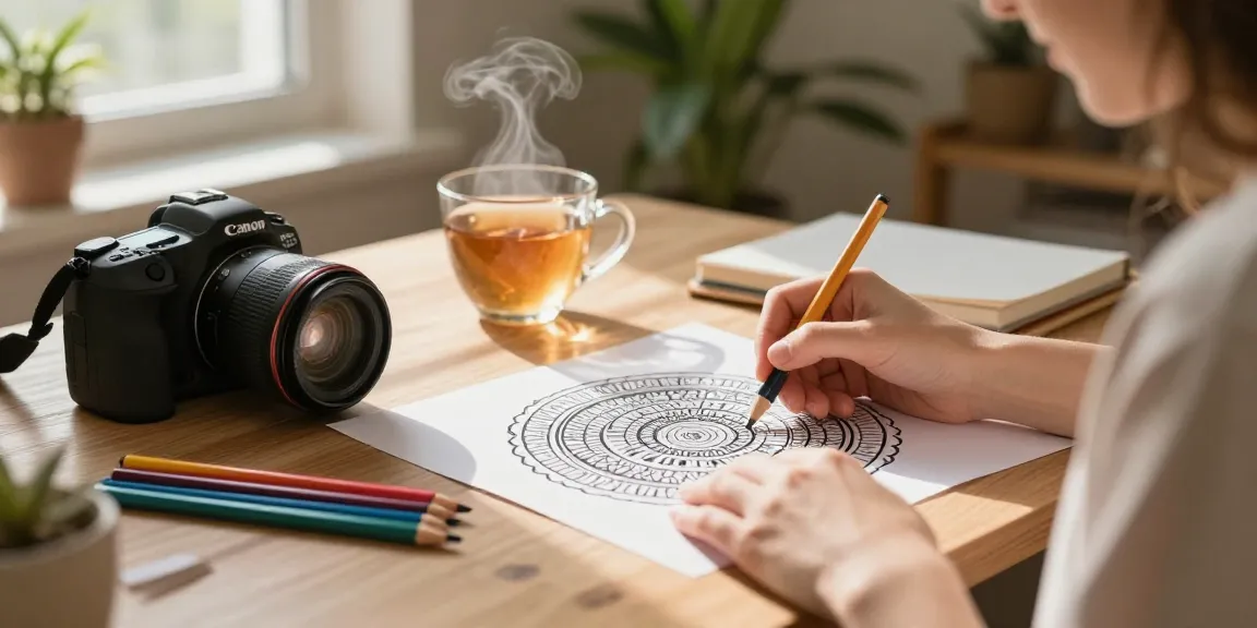 Coloring for stress relief in a cozy home setting, showcasing an individual engaged in creating mandala artwork.