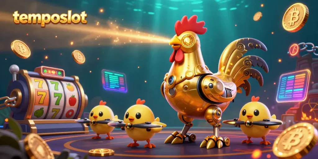 Menggali jackpot di temposlot dengan robot ayam emas futuristik dan drone anak ayam, elemen permainan yang menarik.