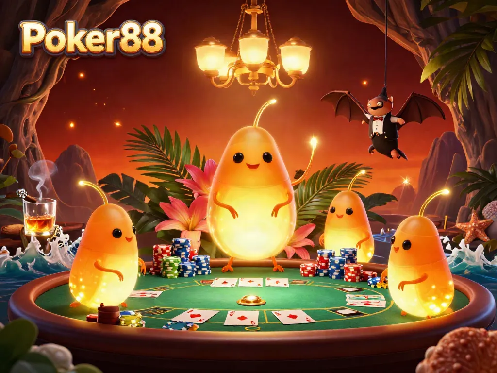 Experience Poker88's unique casino atmosphere with bioluminescent glowworms and vibrant poker elements.