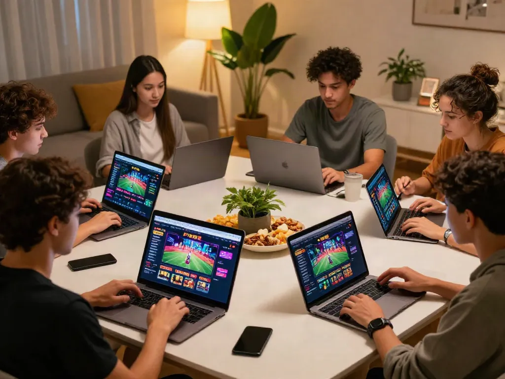 Engaged players using FIVE88 platform on various devices in a lively home setting.
