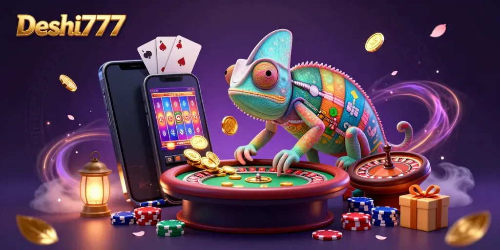 Experience exciting gameplay at Deshi777 with a vibrant scene featuring a chameleon casino owner and dynamic game elements.