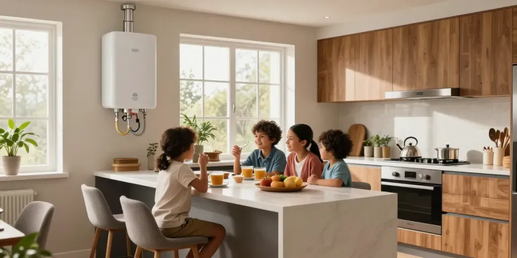 Stylish kitchen with hot water tanks and a cozy family gathering
