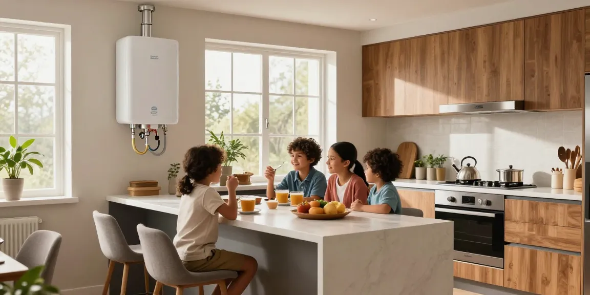 Stylish kitchen with hot water tanks and a cozy family gathering