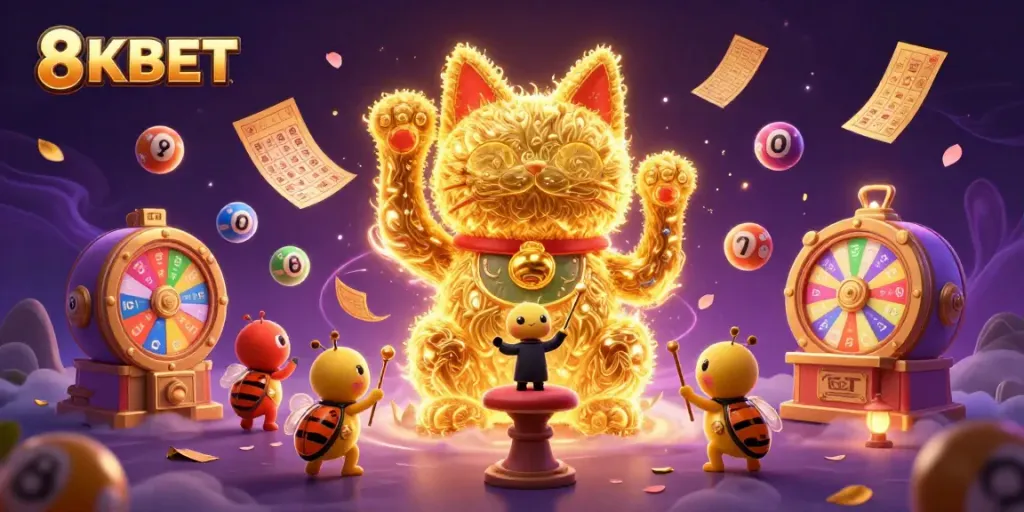 Experience thrilling gameplay with 8KBET's vibrant casino symbols and dynamic lottery elements.