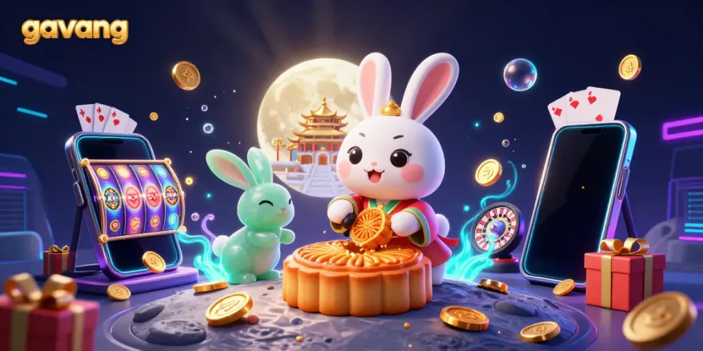 Spin slots with gavang's enchanting moon rabbit surrounded by glowing casino treasures.
