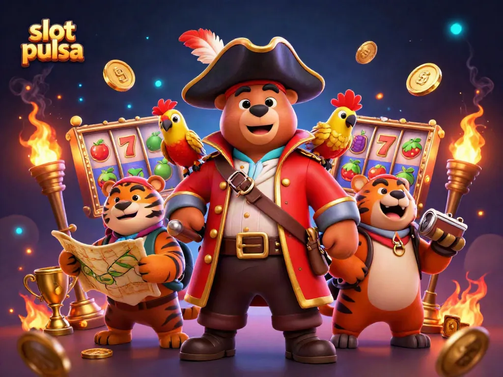 Experience the excitement of slot pulsa with a pirate captain and friends amidst dynamic gaming elements and golden treasures.