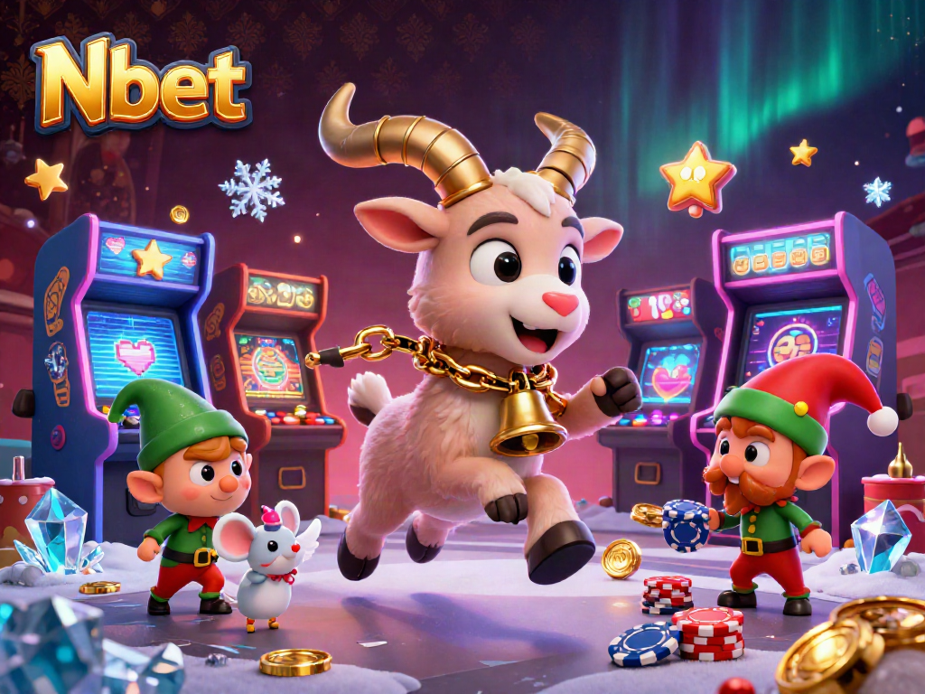 Nbet's festive holiday-horror casino scene with Krampus, angel mouse, and naughty gremlins stealing chips.
