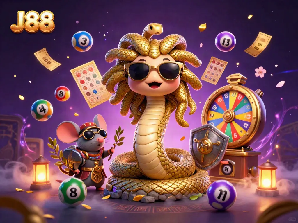 Experience the thrill of J88 with a lively 3D depiction showcasing vibrant lottery elements and characters.