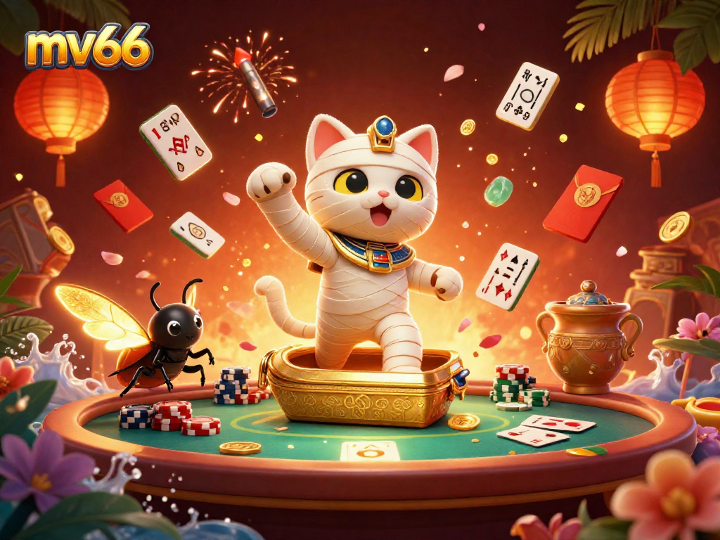 Engage with the vibrant mv66 casino scene showcasing a mummy cat, glowing elements, and poker excitement.