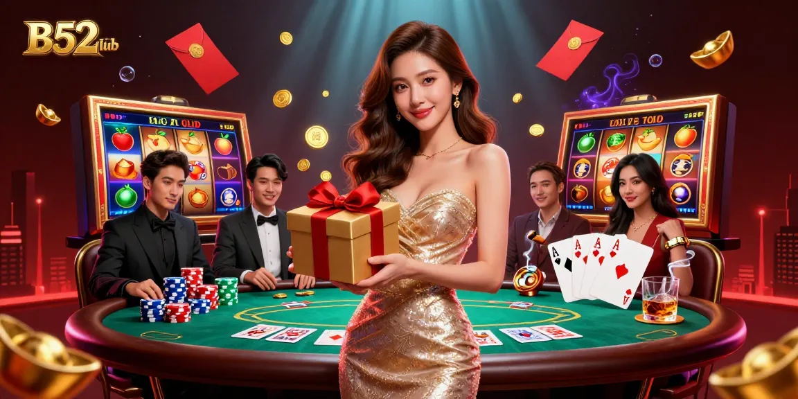 B52club showcases a vibrant casino scene with a welcoming Asian woman among festive decorations, ready to play!