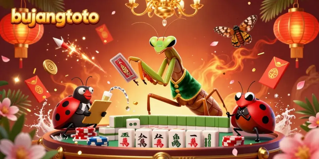 Experience thrilling gameplay at Bujangtoto, where a giant mantis dealer expertly shuffles cards amid vibrant casino elements.