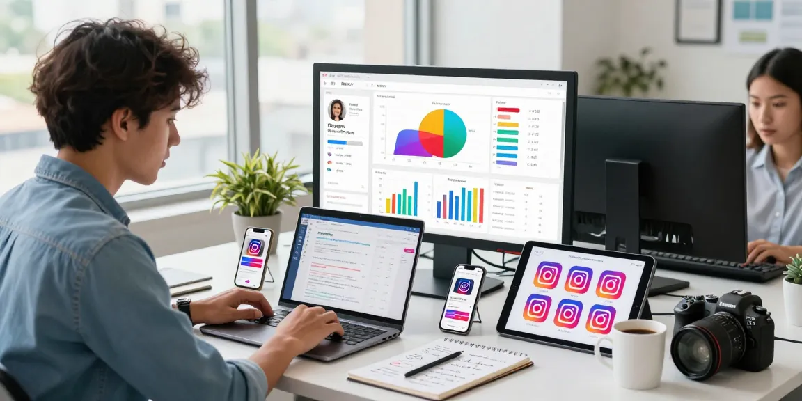 die beste seite um Instagram follower zu kaufen analyzed by a marketer in a modern office with data visuals and digital devices.