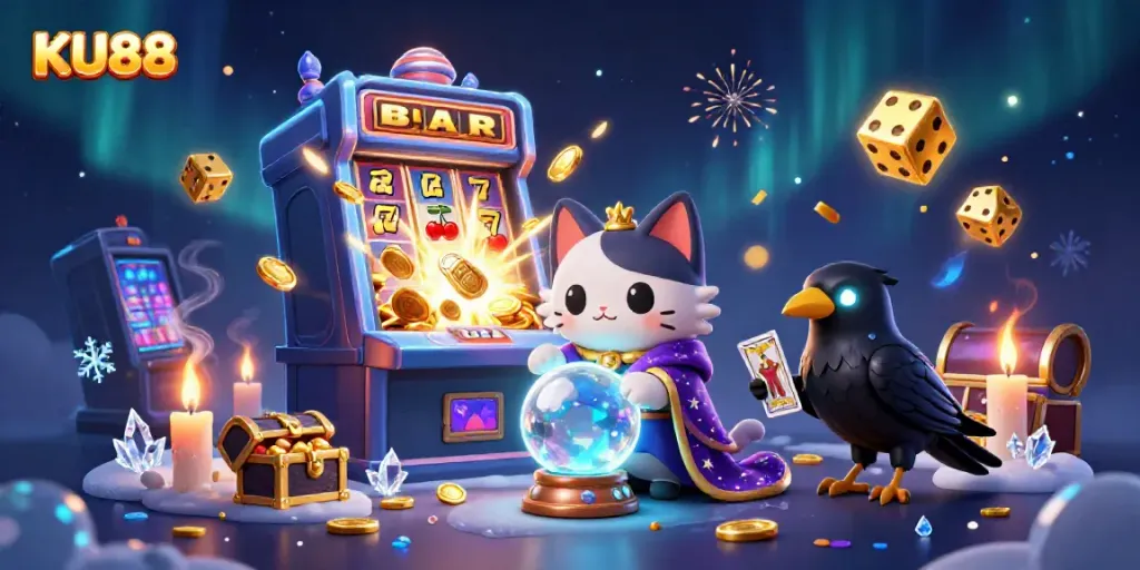 Engage with KU88's vibrant 3D casino scene featuring a mystic cat and thrilling slot machine excitement.