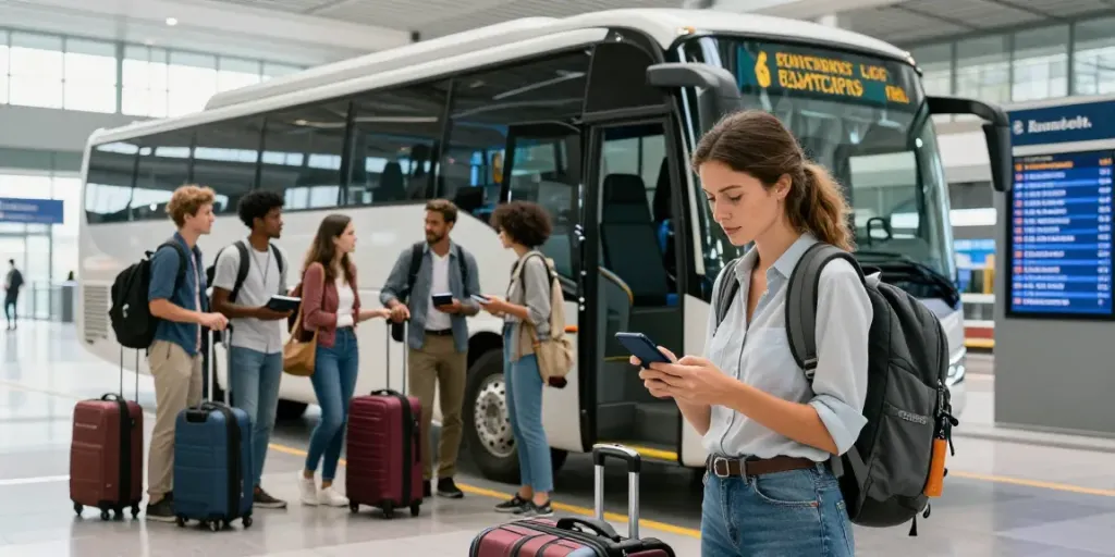 Transport colete Moldova Europa - Grup de călători la un terminal modern, pregătiți de plecare