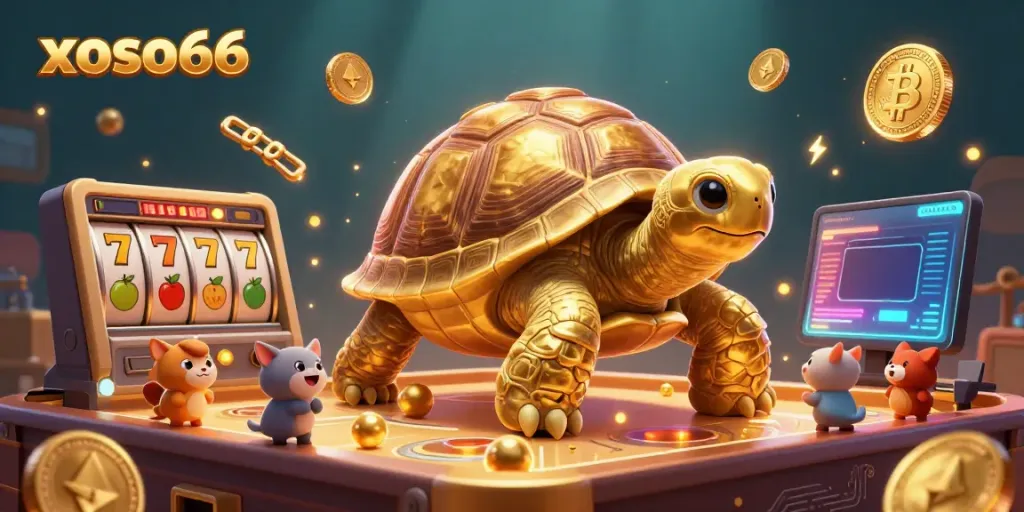 Join the excitement at xoso66 with a colossal golden tortoise pinball machine amidst vibrant casino elements for a thrilling gaming experience.