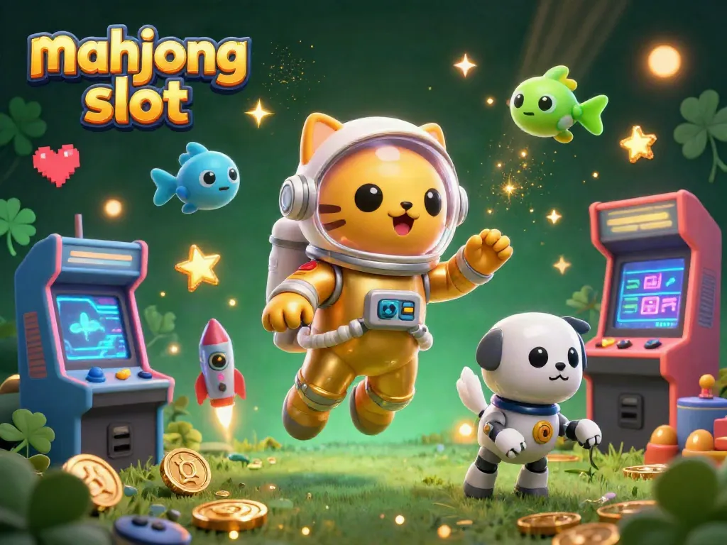 Engage with the mahjong slot in a vibrant, dynamic casino scene featuring an astronaut cat, robot dog, and stellar elements.