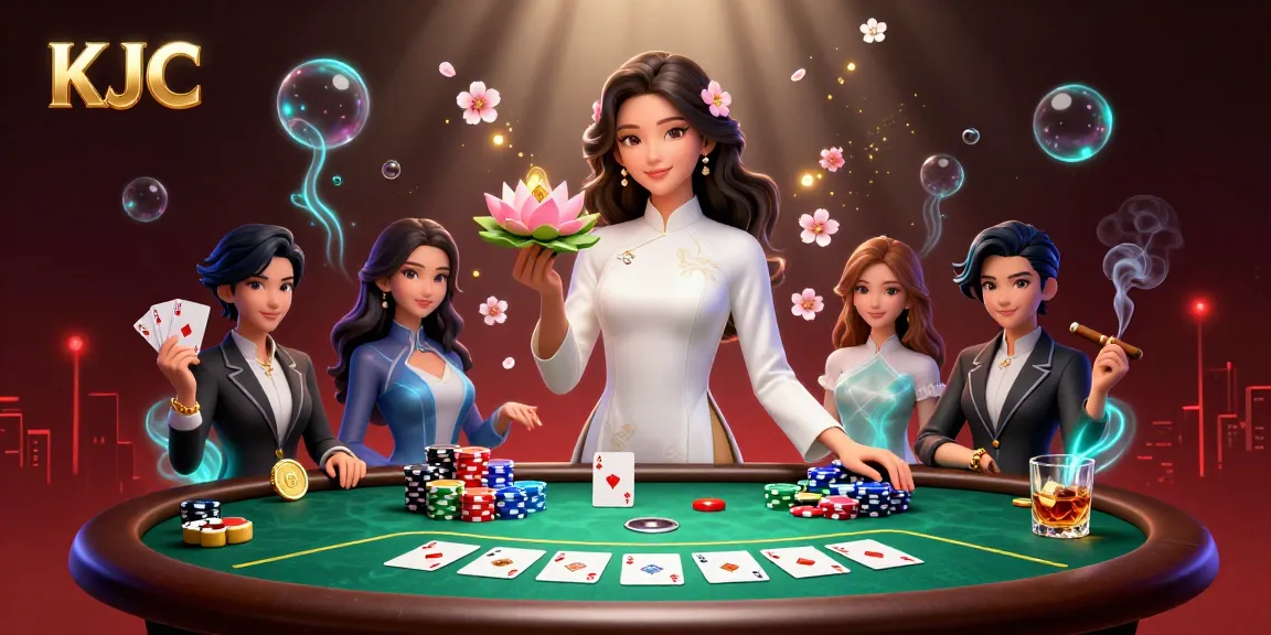 Experience KJC's vibrant poker scene with a graceful Asian woman and dynamic gaming elements.